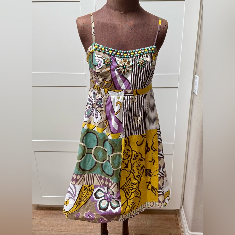 CAbi Patchwork Beaded Sundress Boho Floral Patchwork Print Sun Dress Size 6 - Picture 2 of 13